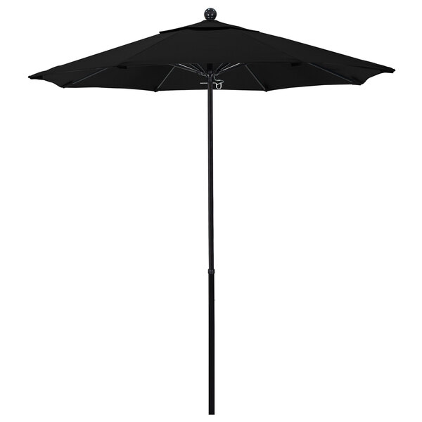 A California Umbrella black umbrella with a Pacifica canopy on a fiberglass pole.