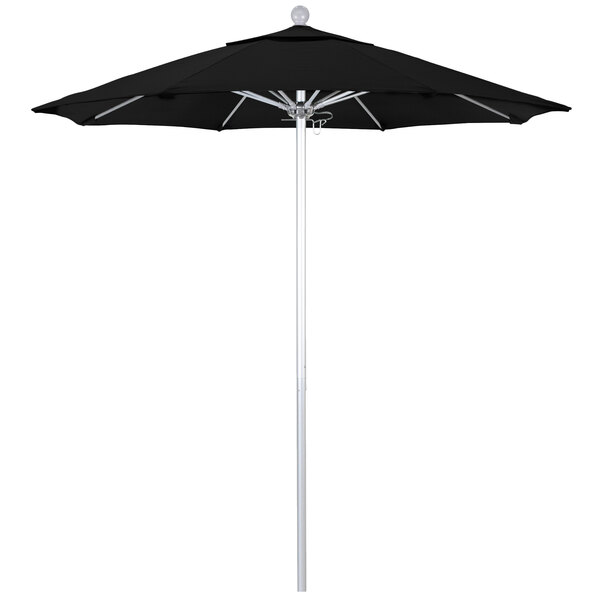 A black California Umbrella with a silver pole.