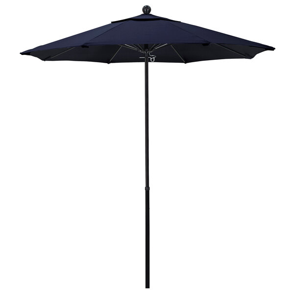 A navy California Umbrella with a metal pole on a white background.
