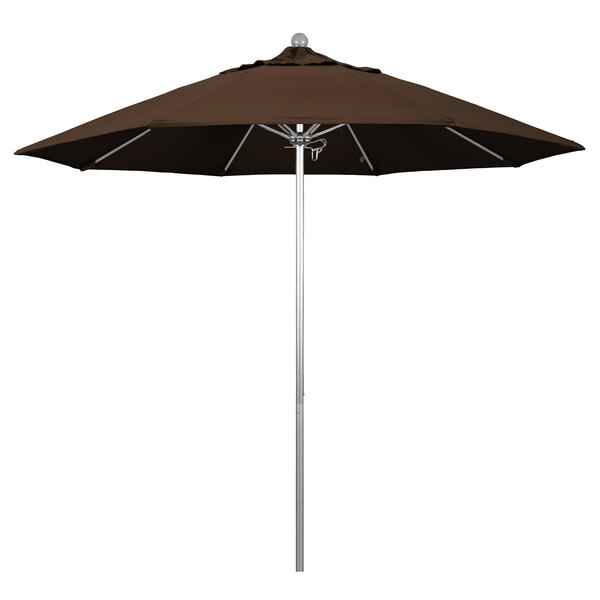 A close-up of a brown California Umbrella with silver pole.