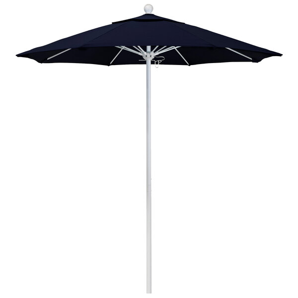 A close-up of a black California Umbrella with a white pole.
