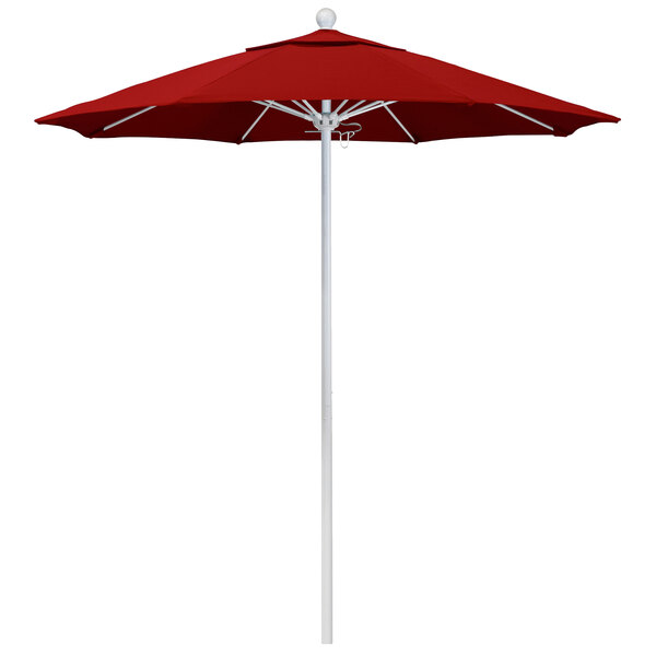 A close-up of a red California Umbrella on a white pole.