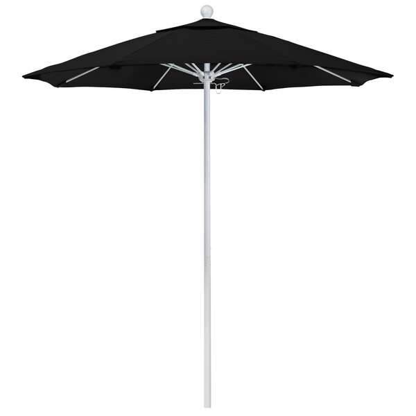 A black umbrella with a white pole.