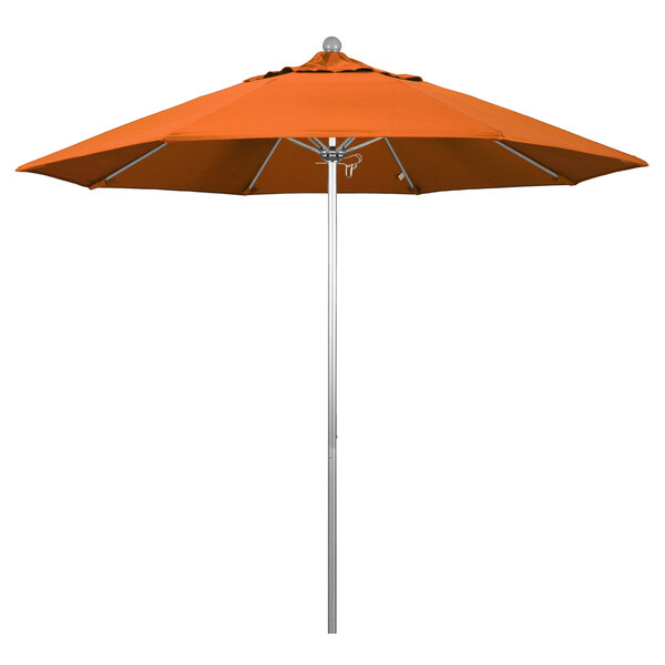A California Umbrella with a Pacifica Tuscan canopy on a silver aluminum pole with an orange umbrella.