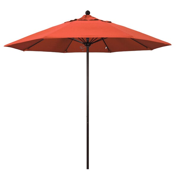A red California Umbrella with a bronze pole on a white background.