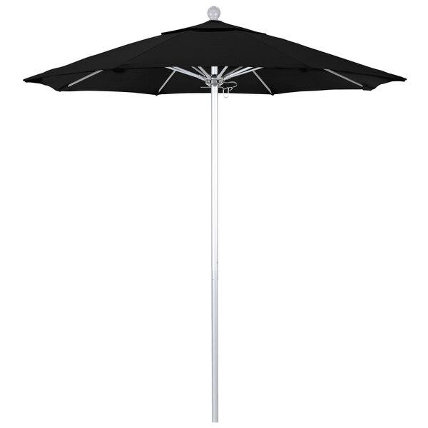 A black California Umbrella ALTO table umbrella with a white pole.