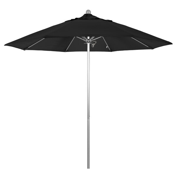 A black California Umbrella with a silver metal pole.