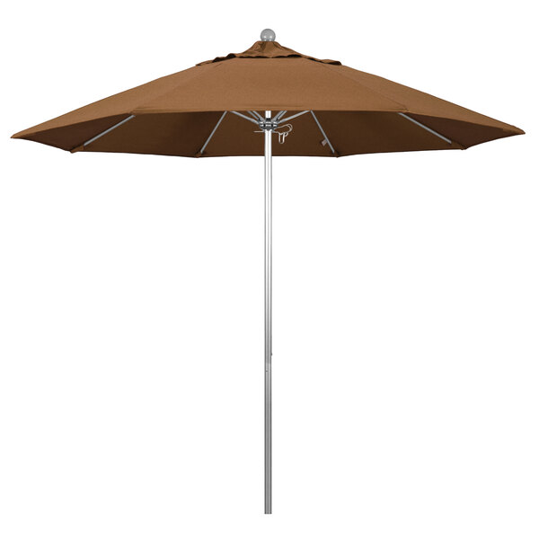 A close-up of a brown California Umbrella with a Sunbrella teak canopy.