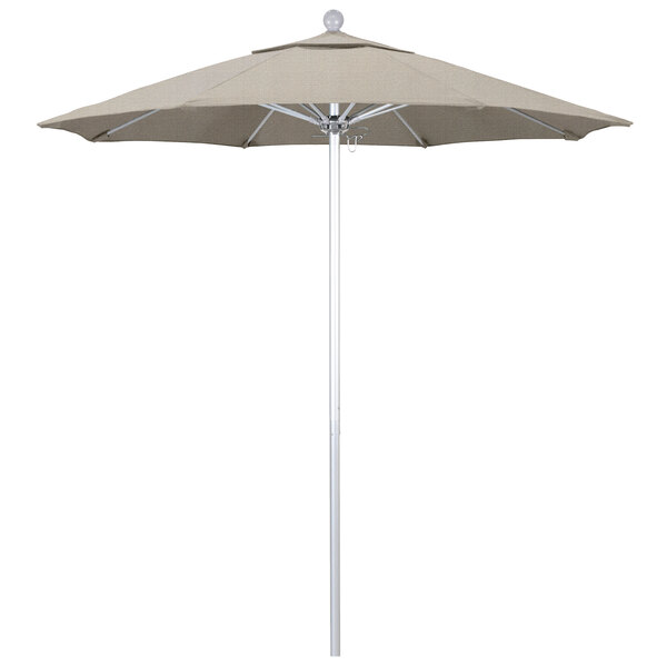 A woven granite California Umbrella with a silver metal pole.