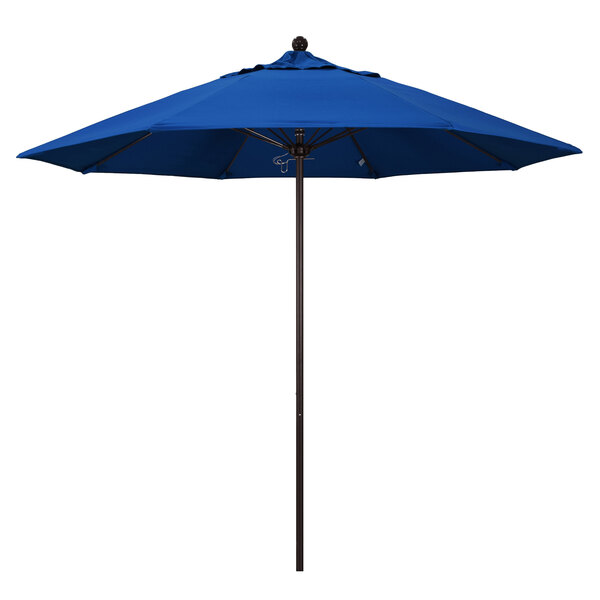 A California Umbrella ALTO round outdoor table umbrella with a Pacific Blue canopy and bronze pole.