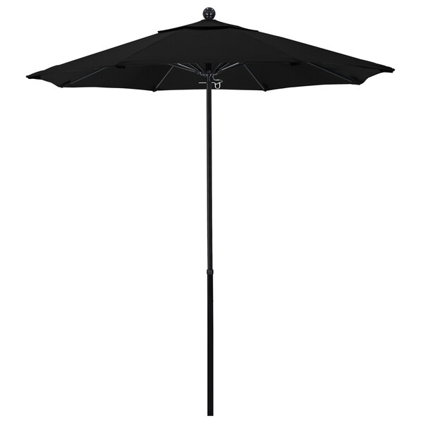 A black California Umbrella with a fiberglass pole.