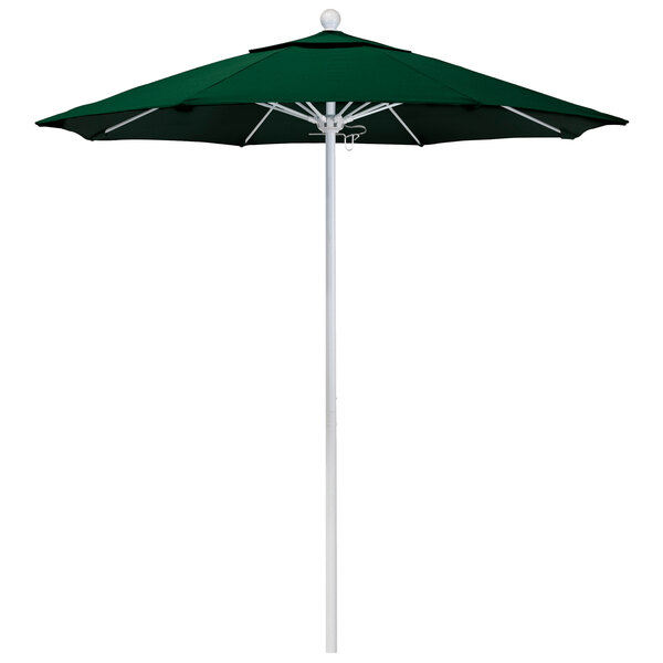 A close-up of a Hunter Green California Umbrella on a white pole.