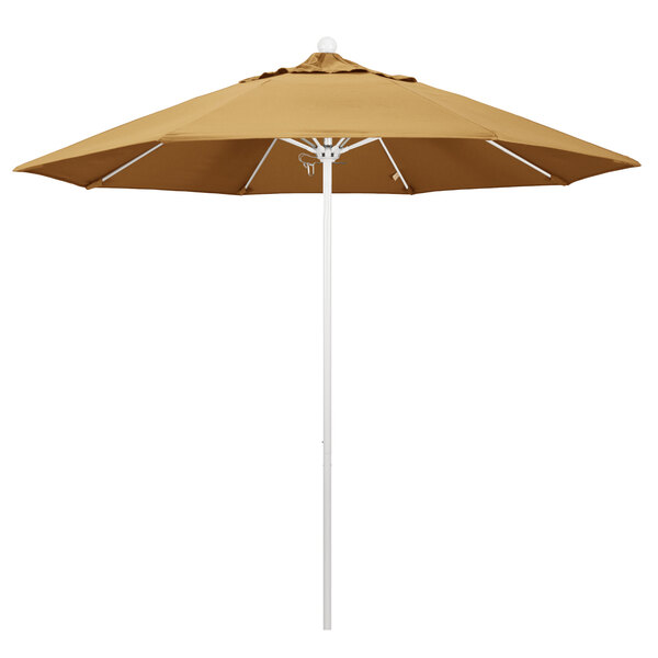 A brown California Umbrella with a white pole and Sunbrella Wheat canopy.