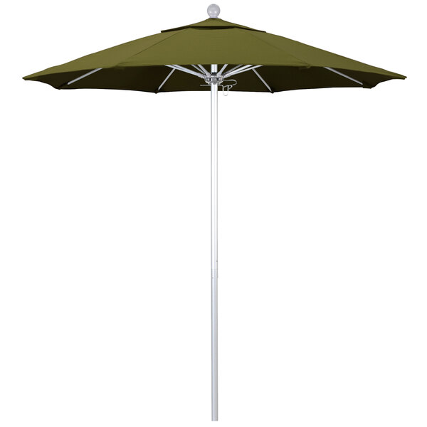A close up of a green California Umbrella with a Pacifica Palm canopy on a white pole.