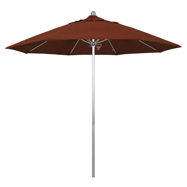 A close-up of a brown California Umbrella with a silver metal pole and terracotta fabric.