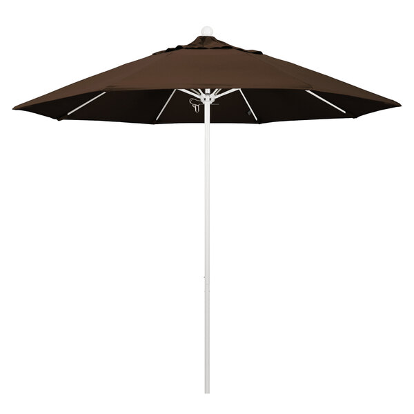 A close up of a brown California Umbrella with a Pacifica Mocha canopy on a white pole.