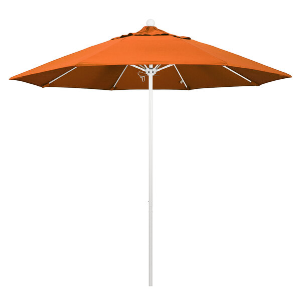 A Pacifica Tuscan fabric outdoor umbrella with an orange canopy and a white pole.