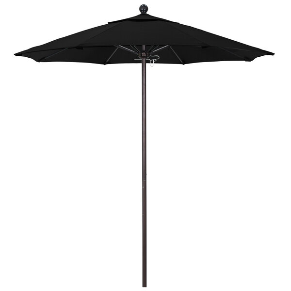 A black California Umbrella with a bronze aluminum pole and black ball on top.