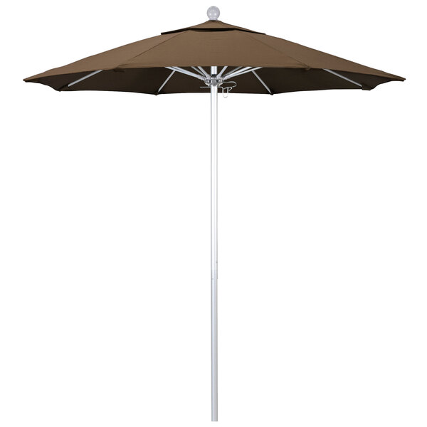 A brown California Umbrella with a Sunbrella Cocoa canopy on a white background.