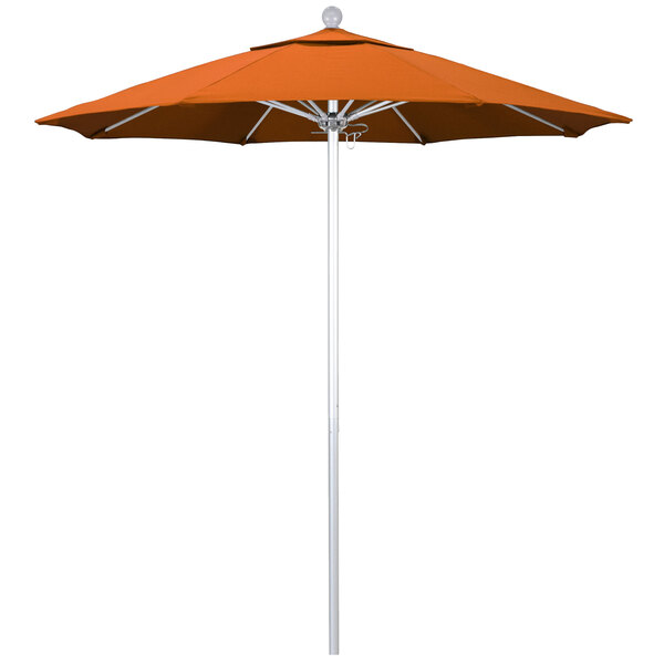 An orange umbrella with a white pole and Pacifica canopy with Tuscan fabric.
