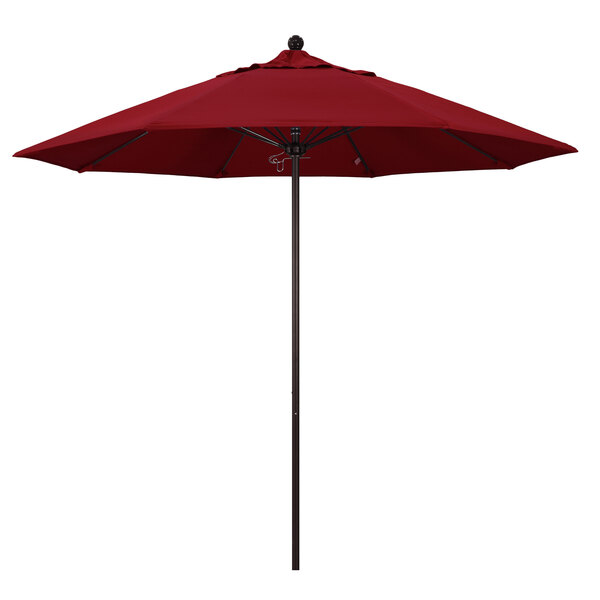 A red California Umbrella with a bronze pole.