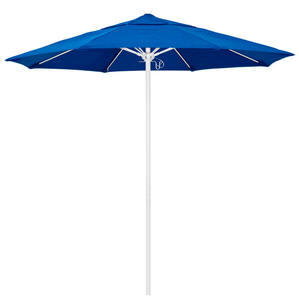 A blue California Umbrella with a white pole.