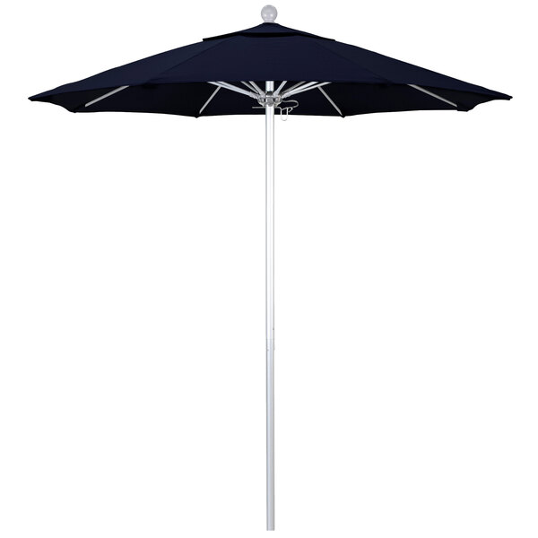 A black California Umbrella with a navy canopy on a white background.
