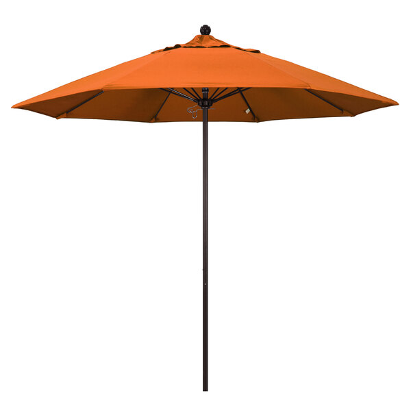 An orange umbrella with a bronze pole on a white background.