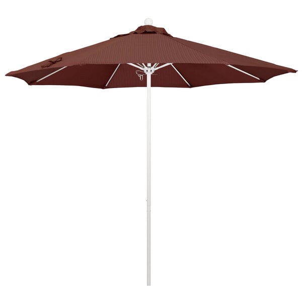A brown California Umbrella with a Terrace Adobe canopy on a white pole.