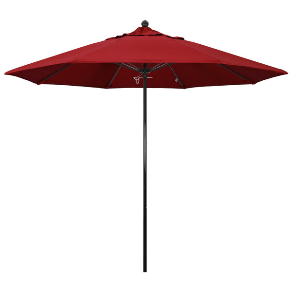 A close-up of a California Umbrella Pacifica red umbrella with a black pole.