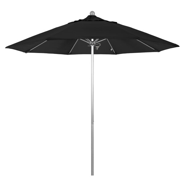 A close-up of a black California Umbrella with a silver metal pole.