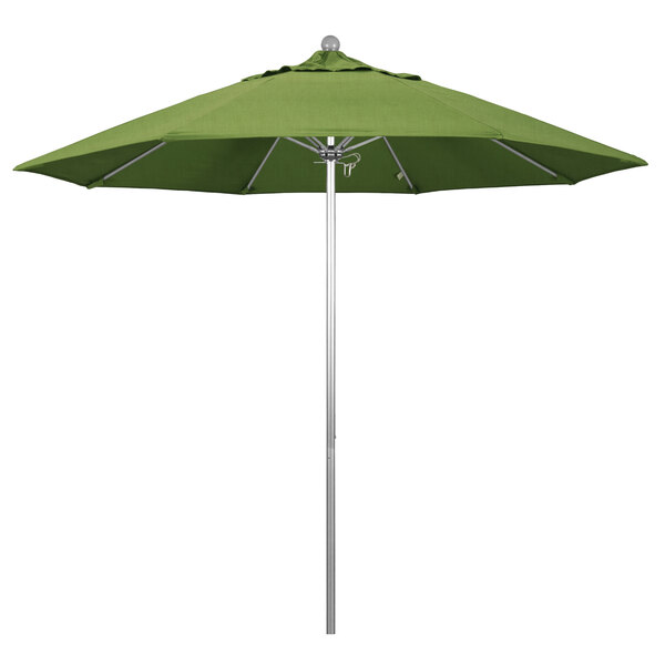 A California Umbrella ALTO 9' round outdoor umbrella with Sunbrella Spectrum Cilantro fabric on a silver metal pole.