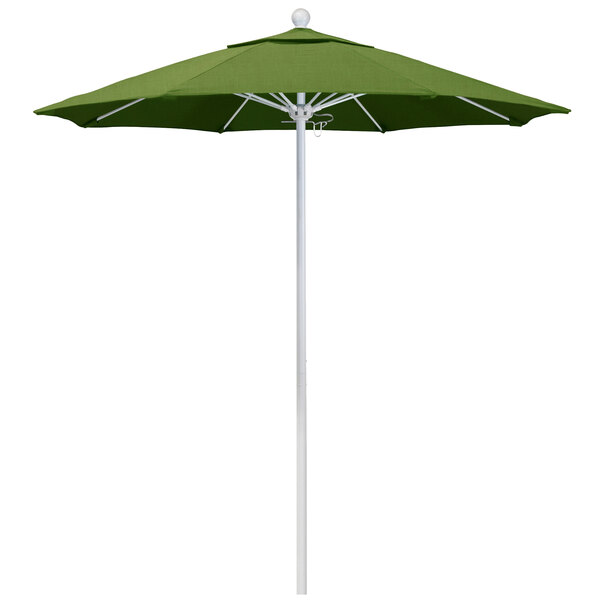 A California Umbrella ALTO round green Sunbrella canopy on a white pole.
