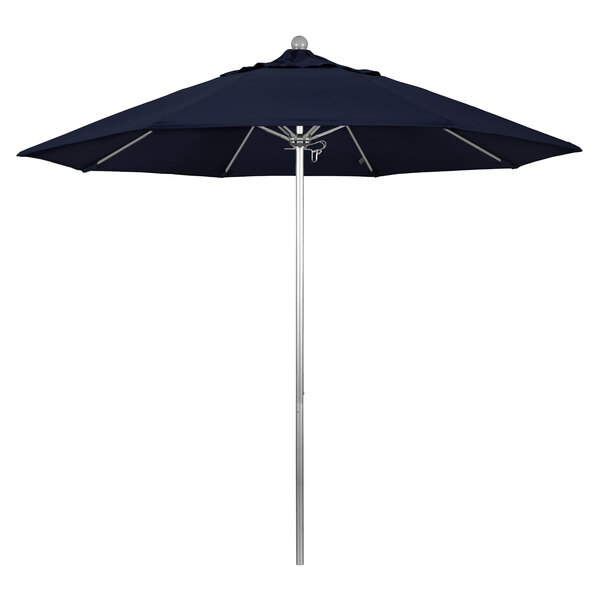 A close-up of a navy blue California Umbrella with a silver pole.