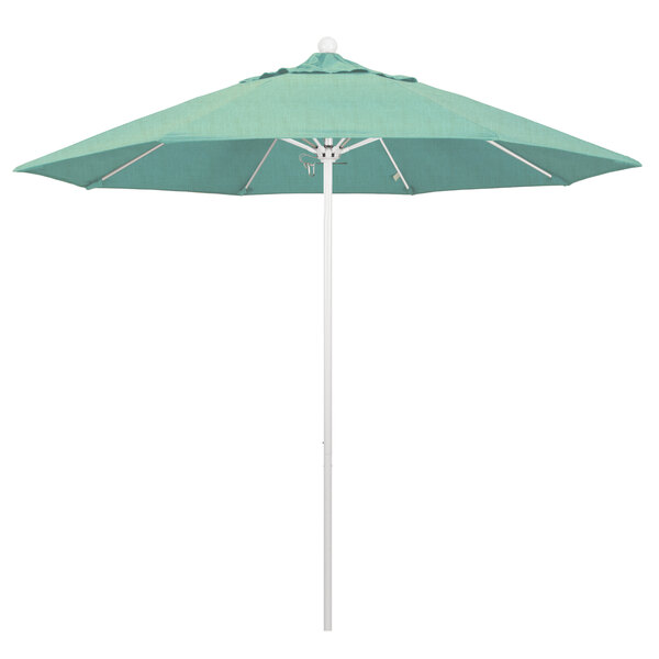A close-up of a green California Umbrella with a white background.