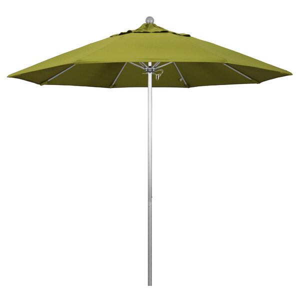 A green California Umbrella on a silver aluminum pole.
