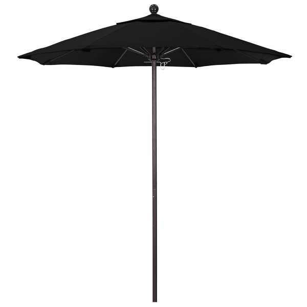 A black California Umbrella on a bronze aluminum pole.