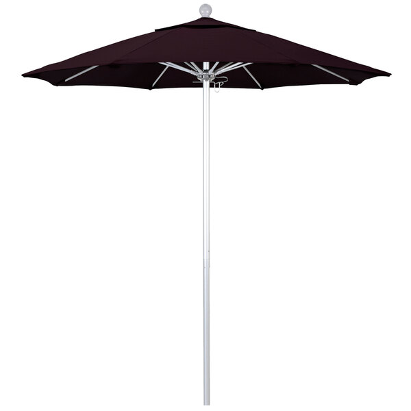 A black California Umbrella with a purple Pacifica canopy on a silver pole.