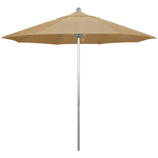 A California Umbrella ALTO round tan umbrella on a silver metal pole.