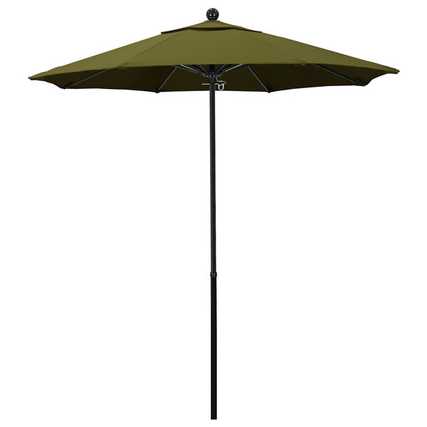 A California Umbrella with a Pacifica Palm canopy on a black pole.