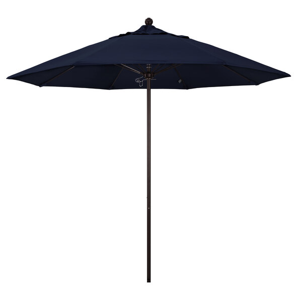 A navy blue California Umbrella with a bronze pole on a white background.