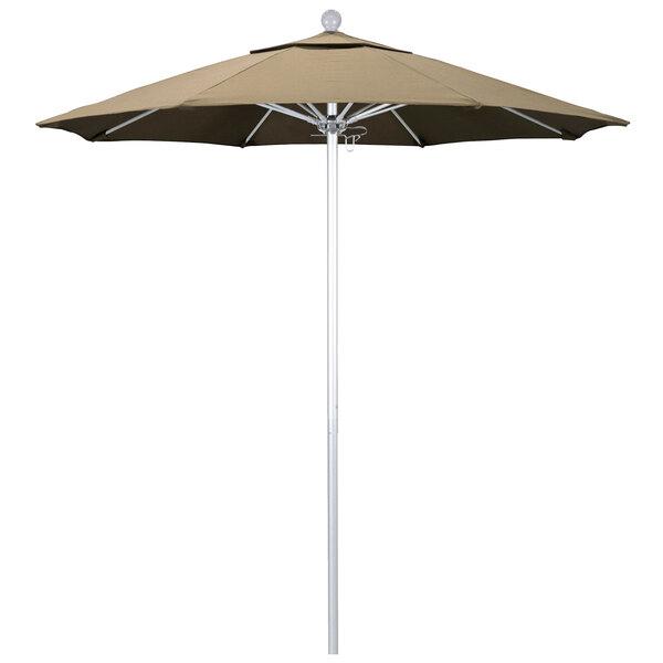 A California Umbrella Heather Beige Sunbrella canopy on a silver pole.