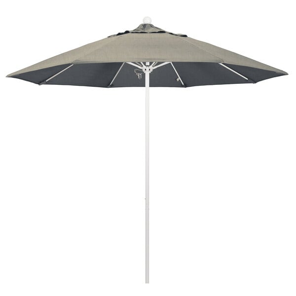 A grey California Umbrella with a white pole.