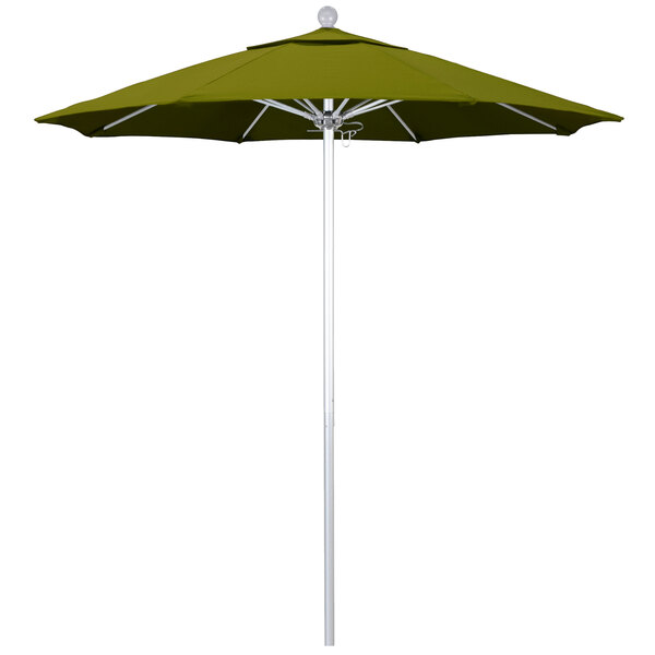 A close up of a green California Umbrella with a Pacifica Ginkgo canopy on a white pole.