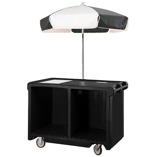 A black Cambro vending cart with a white umbrella.