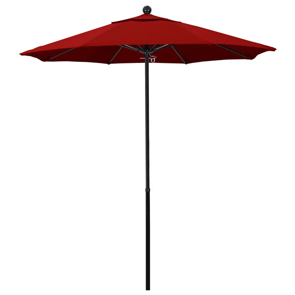 A California Umbrella with a red Pacifica canopy on a black pole.