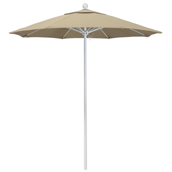A large California Umbrella with a Sunbrella Antique Beige canopy on a white pole.