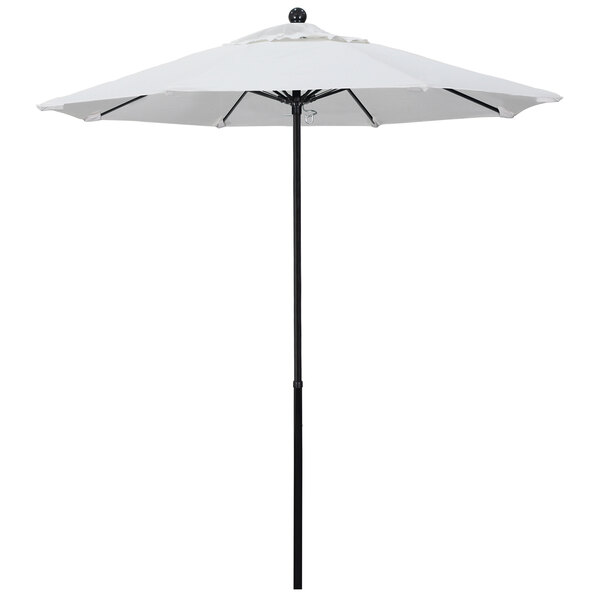 A white California Umbrella with a white Olefin canopy on a black pole.