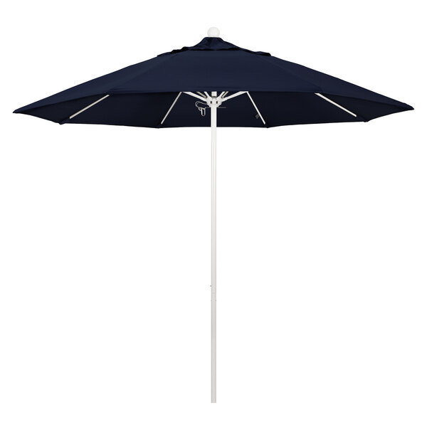 A blue California Umbrella with a navy Pacifica canopy on a white background.