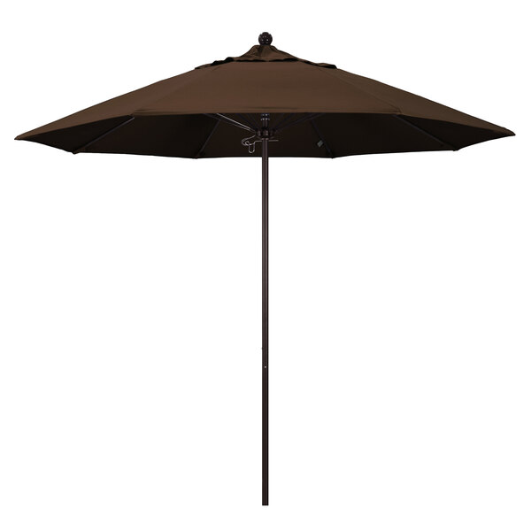 A close-up of a brown California Umbrella with a Pacifica canopy on a white background.